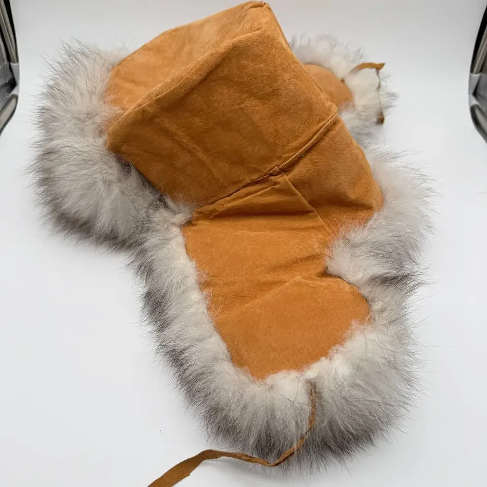 Genuine Rabbit Fur Trapper Hat Ushanka Made in Russia Tan Suede Vintage